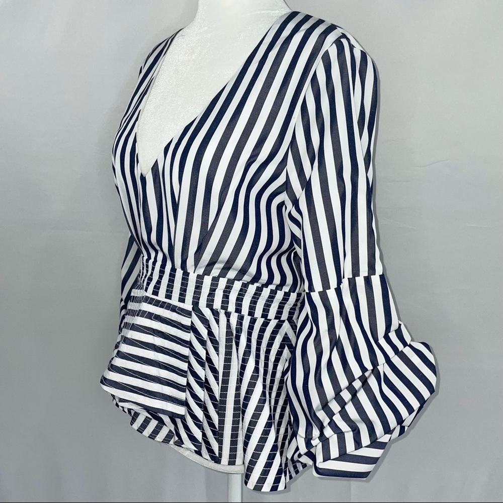 New Central Park West Balloon Sleeve Layered Peplum Striped Cotton Shirt - Picture 8 of 16